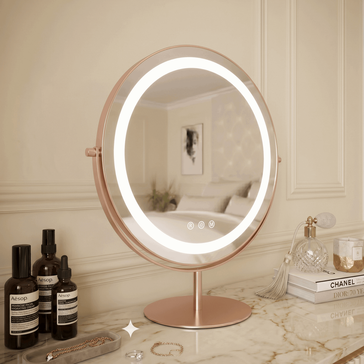 Hollywood vanity mirror with adjustable LED lighting and elegant rose gold finish for beauty routines