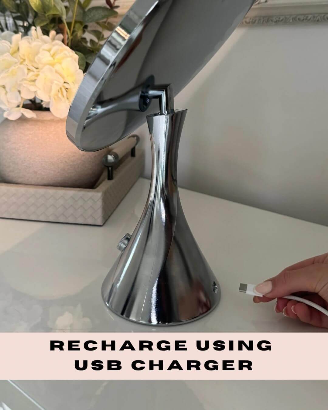 Stylish Vanity Mirror with USB charger for easy recharging and adjustable viewing angles