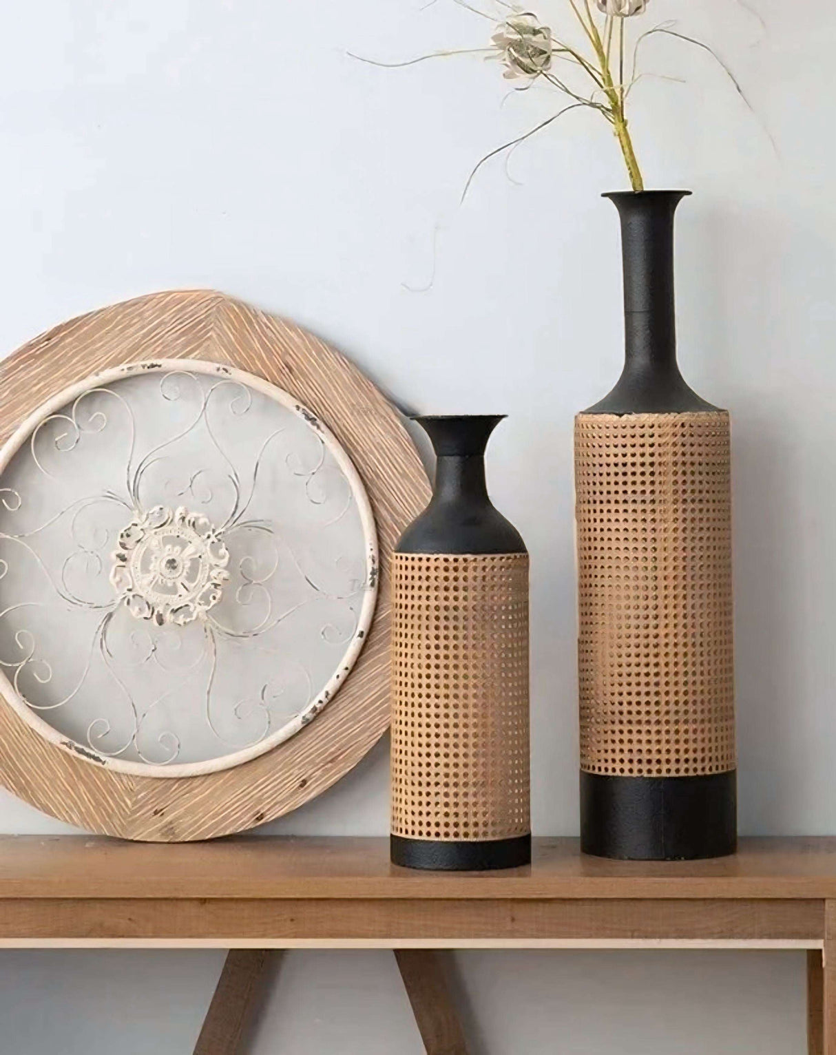 Nisu Home Decorative Vases in Black and Natural Rattan for Stylish Home Decor