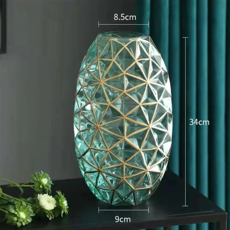Nisu Home Geometric Glass Vase with Gold Detailing, 34cm Tall and Stylish Design