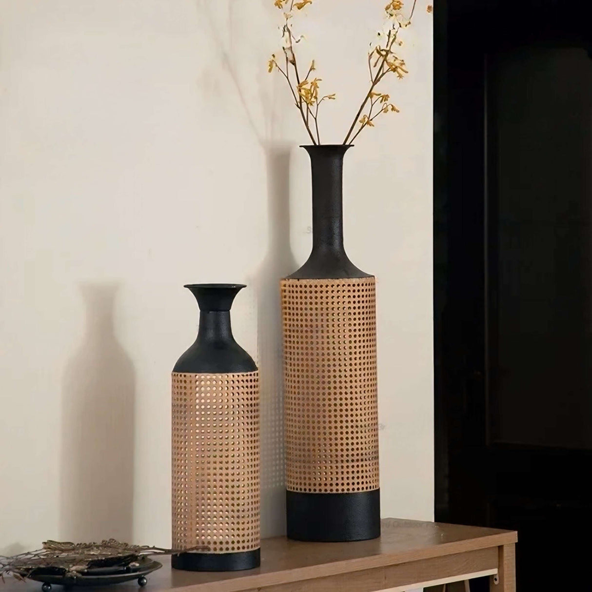 Nisu Home decorative black vase set with intricate woven design for stylish home decor