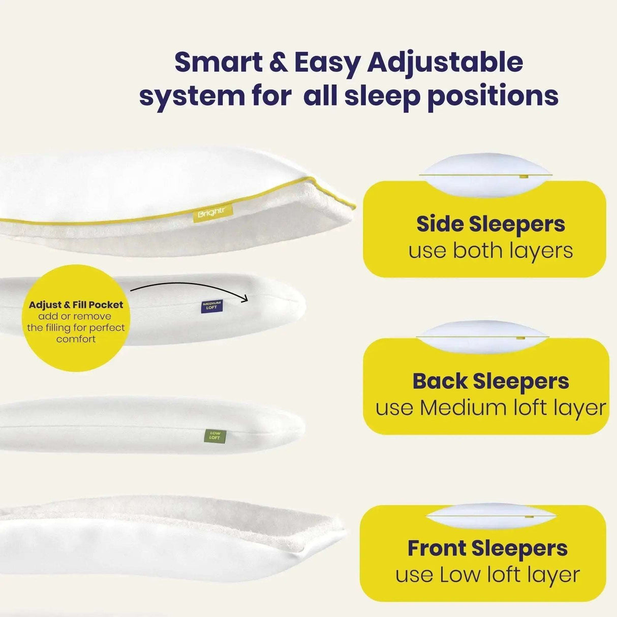 Brightr Sleep Vegan Down Pillow with adjustable layers for all sleep positions and anti-allergy features