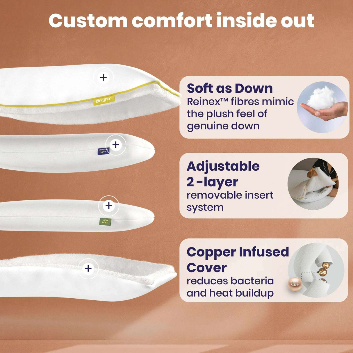 Brightr Vegan Down Pillow with adjustable layers and copper-infused cover for ultimate comfort and support