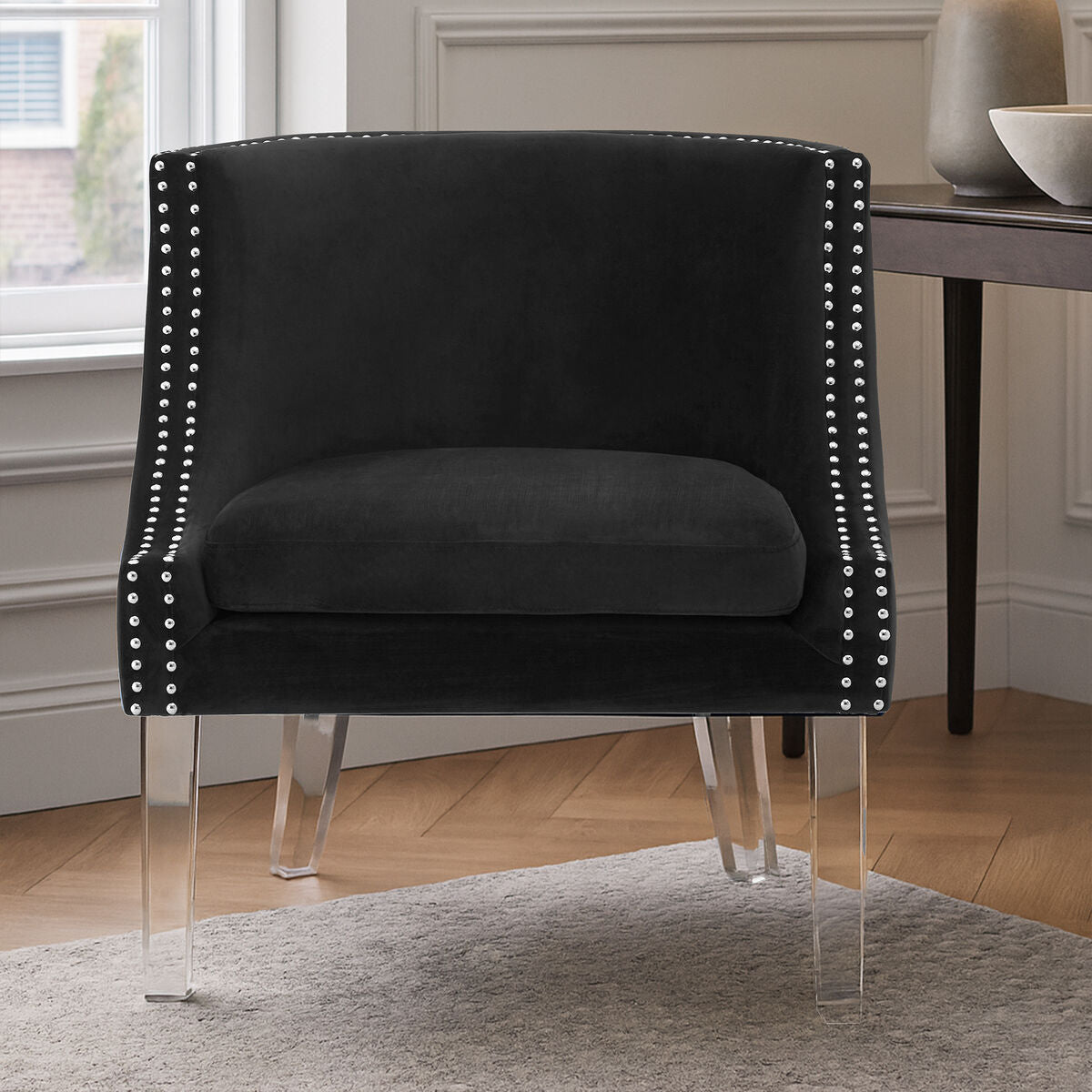 Orsina Velvet Chair in Black with Crystal Studs and Transparent Legs for Stylish Living Spaces