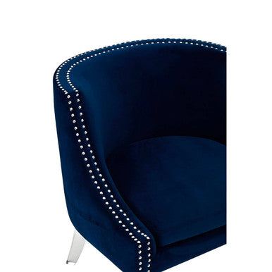 Orsina Velvet Chair in navy blue with elegant studded detailing and sleek chrome legs