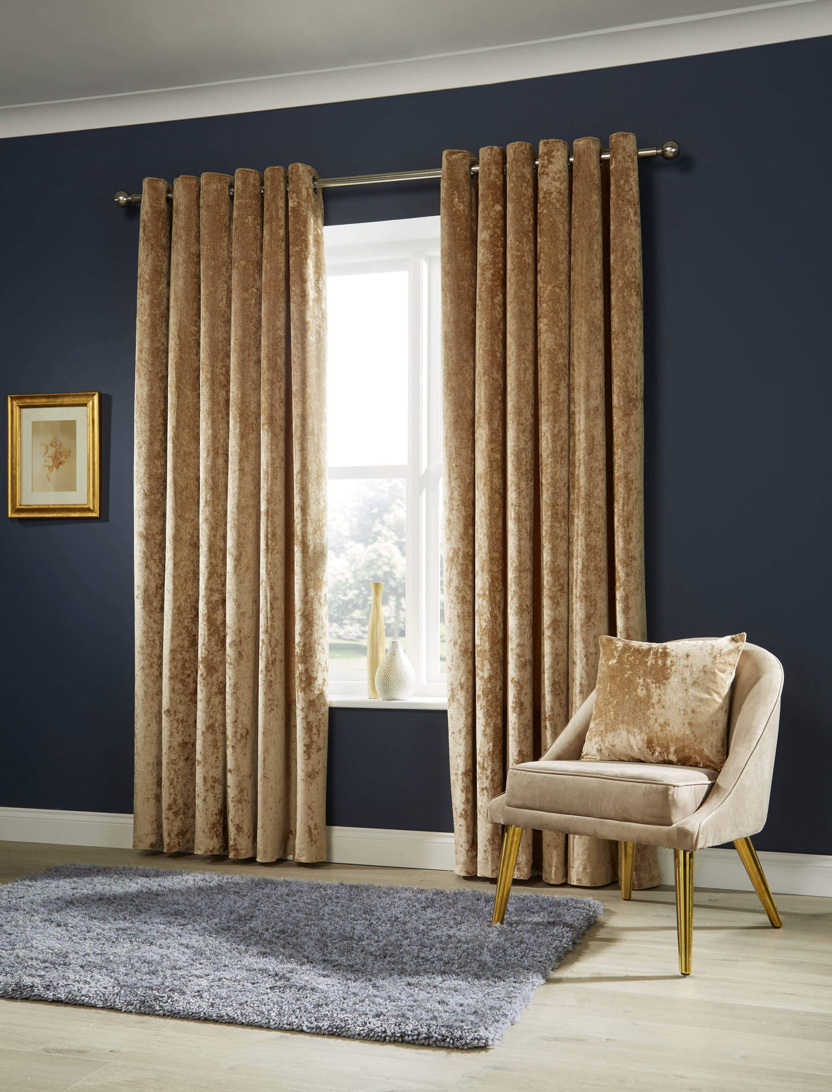 OLIVIA ROCCO Velvet Curtains in a luxurious beige, elegantly hanging in a stylish room setting