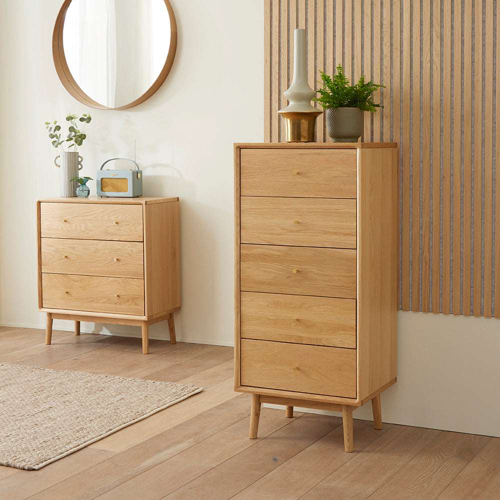 Fishe and Lilly tallboy chest of drawers in natural wood finish with five spacious drawers