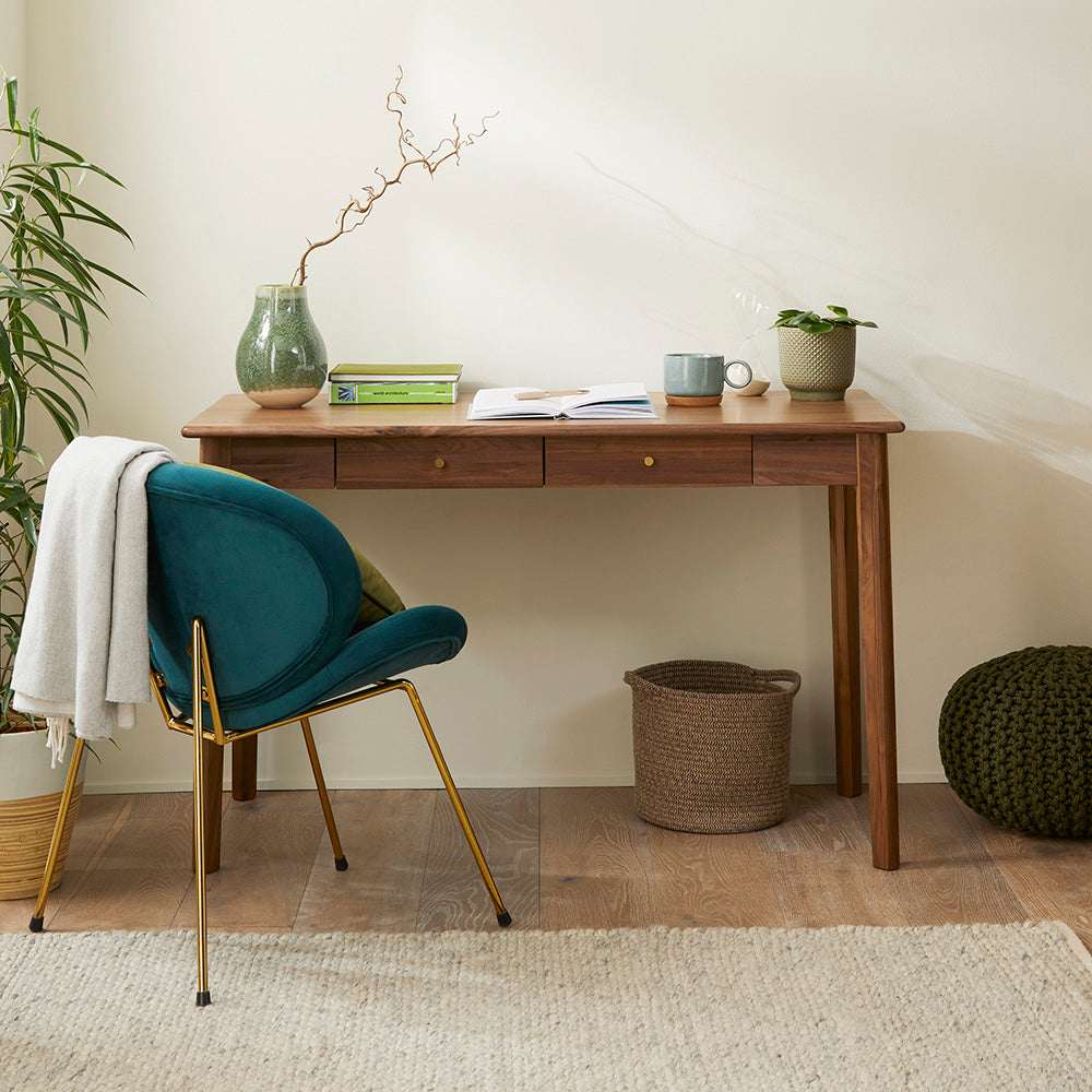 Fishe and Lilly Desk and Dressing Table in Walnut Finish with Stylish Chair and Decorative Plants