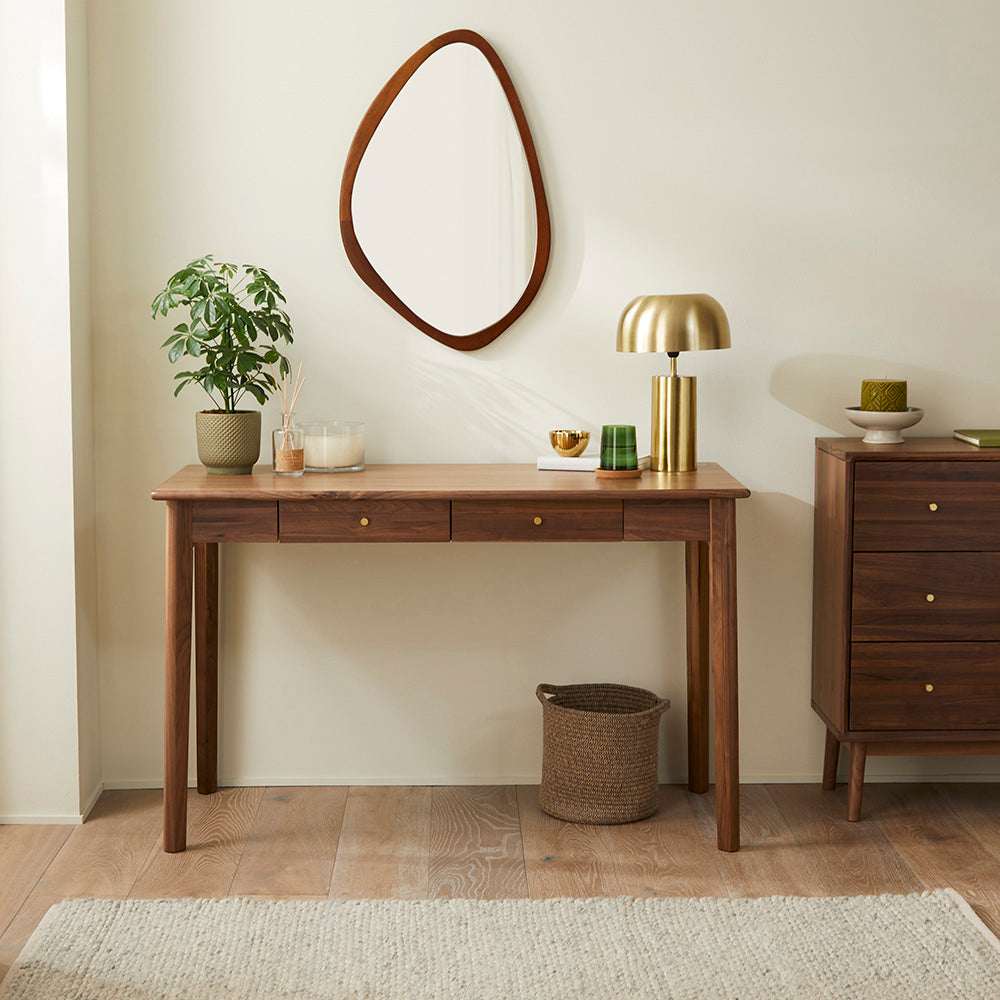 Fishe and Lilly Desk and Dressing Table in Walnut Finish with Three Drawers and Decorative Accessories