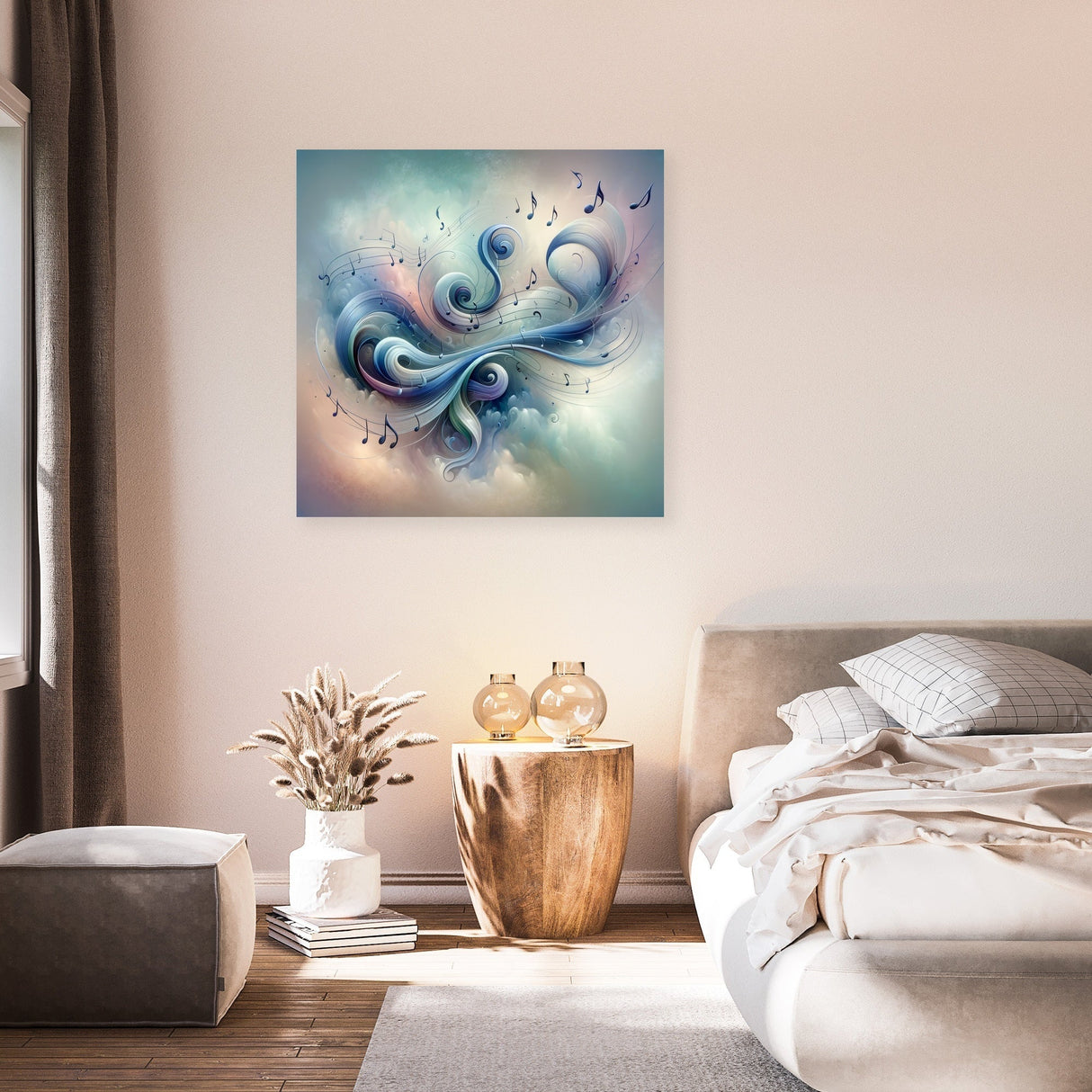 Abstract Wall Art Canvas featuring vibrant swirls and musical notes in a serene bedroom setting
