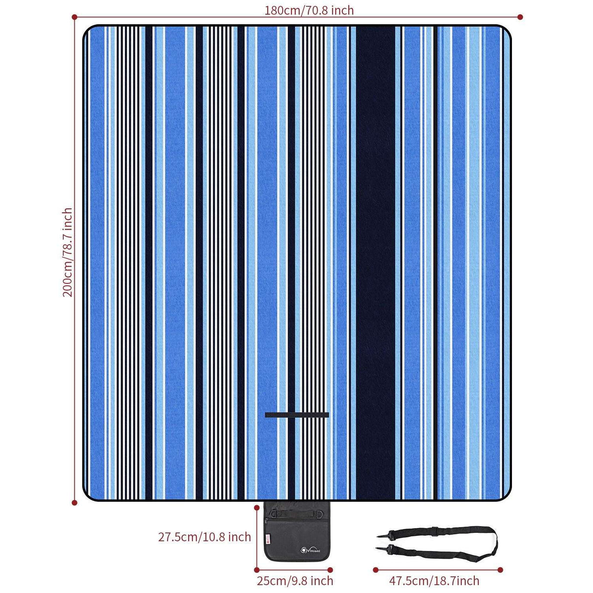 Vinsani Folding Picnic Blanket - Waterproof, Carry Strap Vinsani