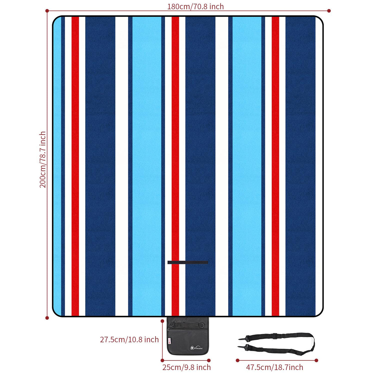 Vinsani Folding Picnic Blanket - Waterproof, Carry Strap Vinsani