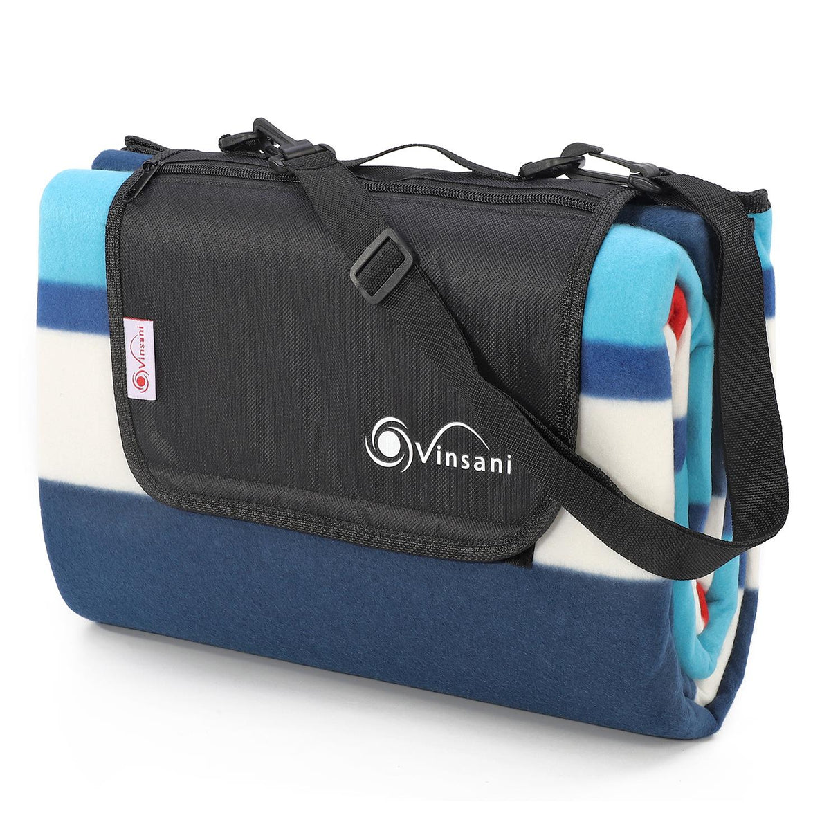 Vinsani Folding Picnic Blanket - Waterproof, Carry Strap Aqua Stripe Vinsani