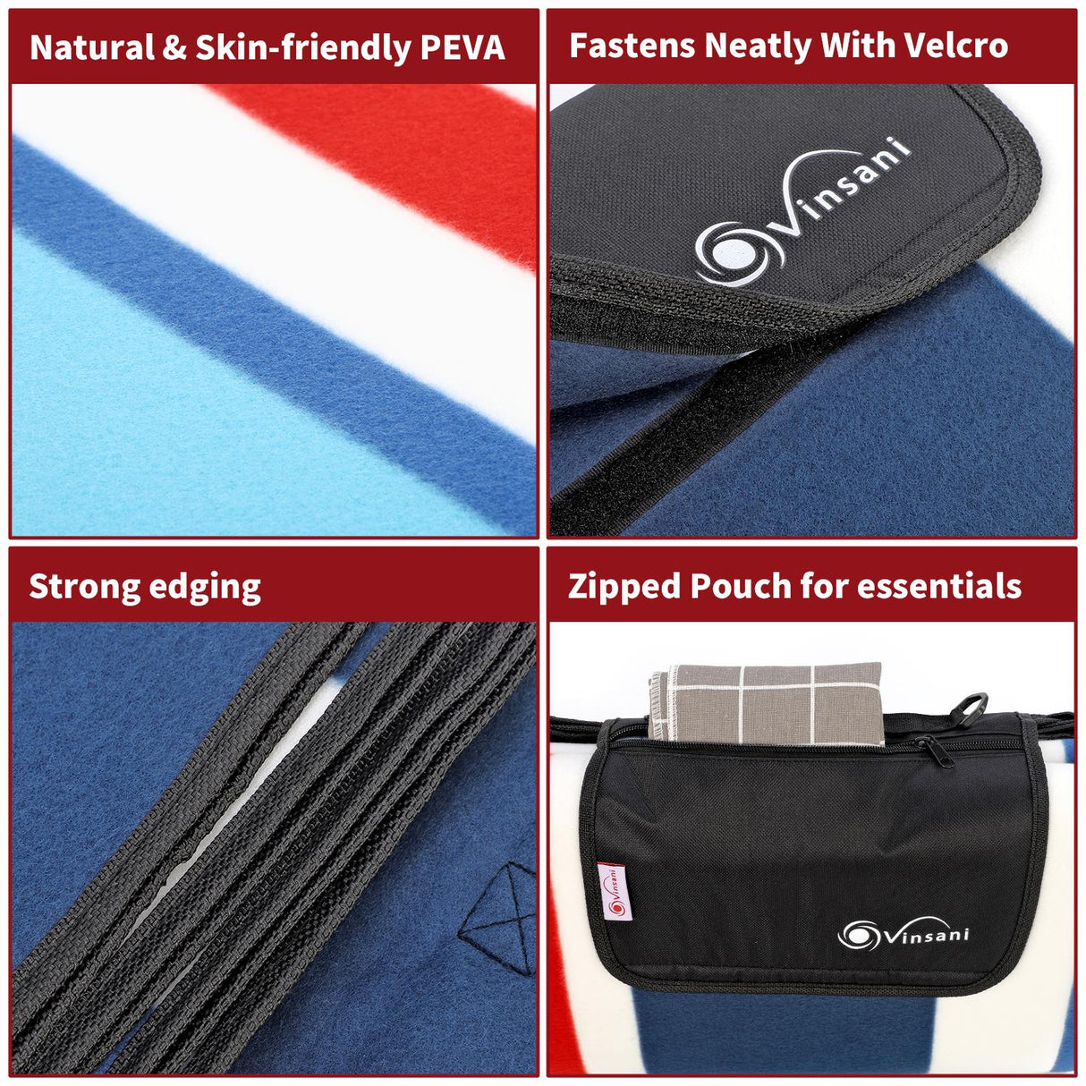 Vinsani Folding Picnic Blanket - Waterproof, Carry Strap Vinsani