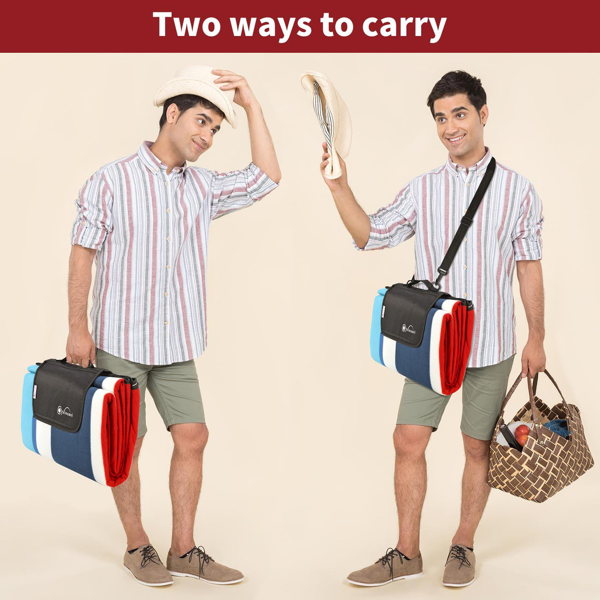 Vinsani Folding Picnic Blanket - Waterproof, Carry Strap Vinsani