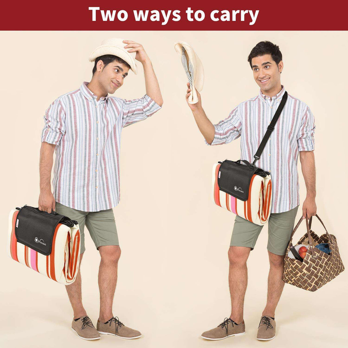 Vinsani Folding Picnic Blanket - Waterproof, Carry Strap Vinsani