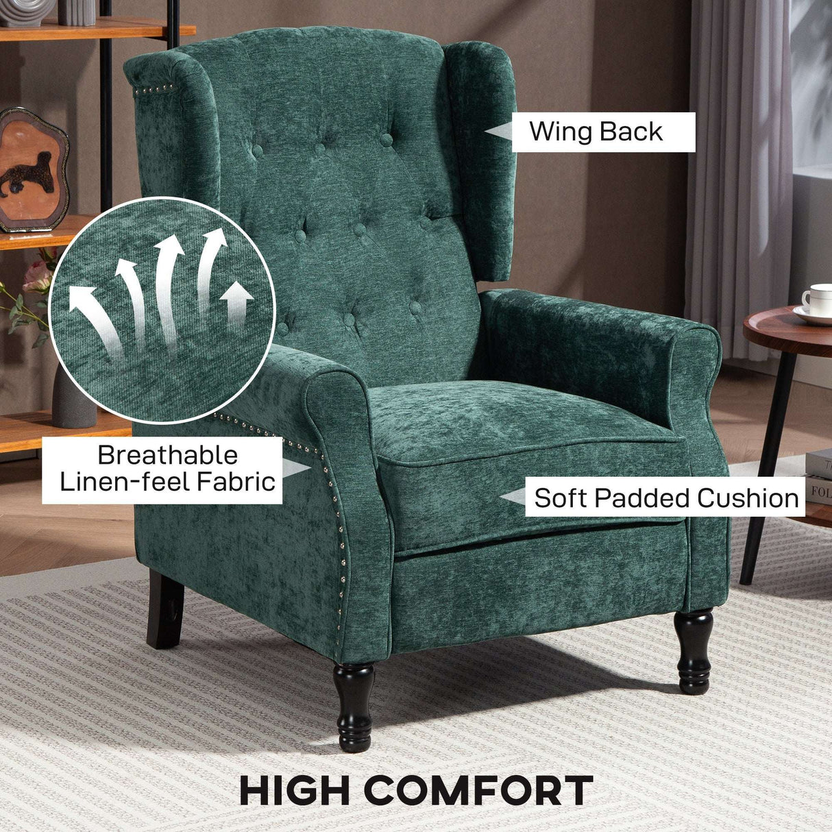 Vintage Armchair in green with breathable linen-feel fabric and soft padded cushion for high comfort