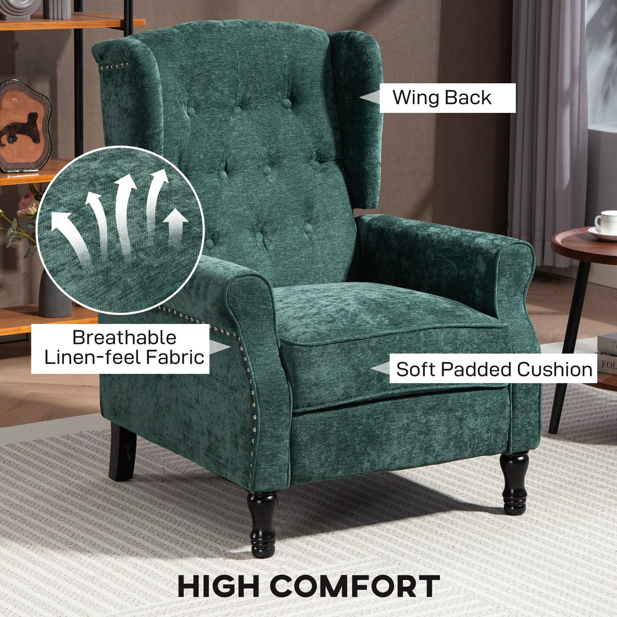 Vintage Armchair in green with breathable linen-feel fabric and soft padded cushion for high comfort