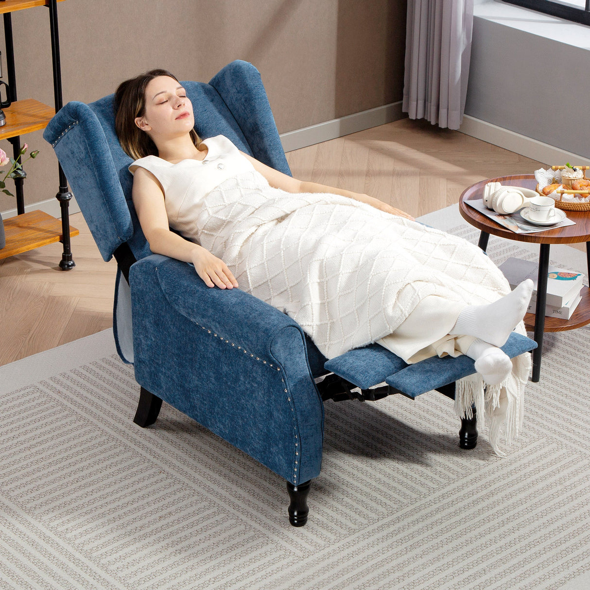 Comfortable Vintage Armchair in denim fabric with reclining feature for relaxation and style
