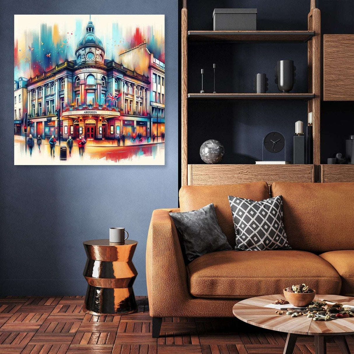 Vibrant Wall Art Canvas depicting a colourful cityscape above a stylish sofa in a modern living room