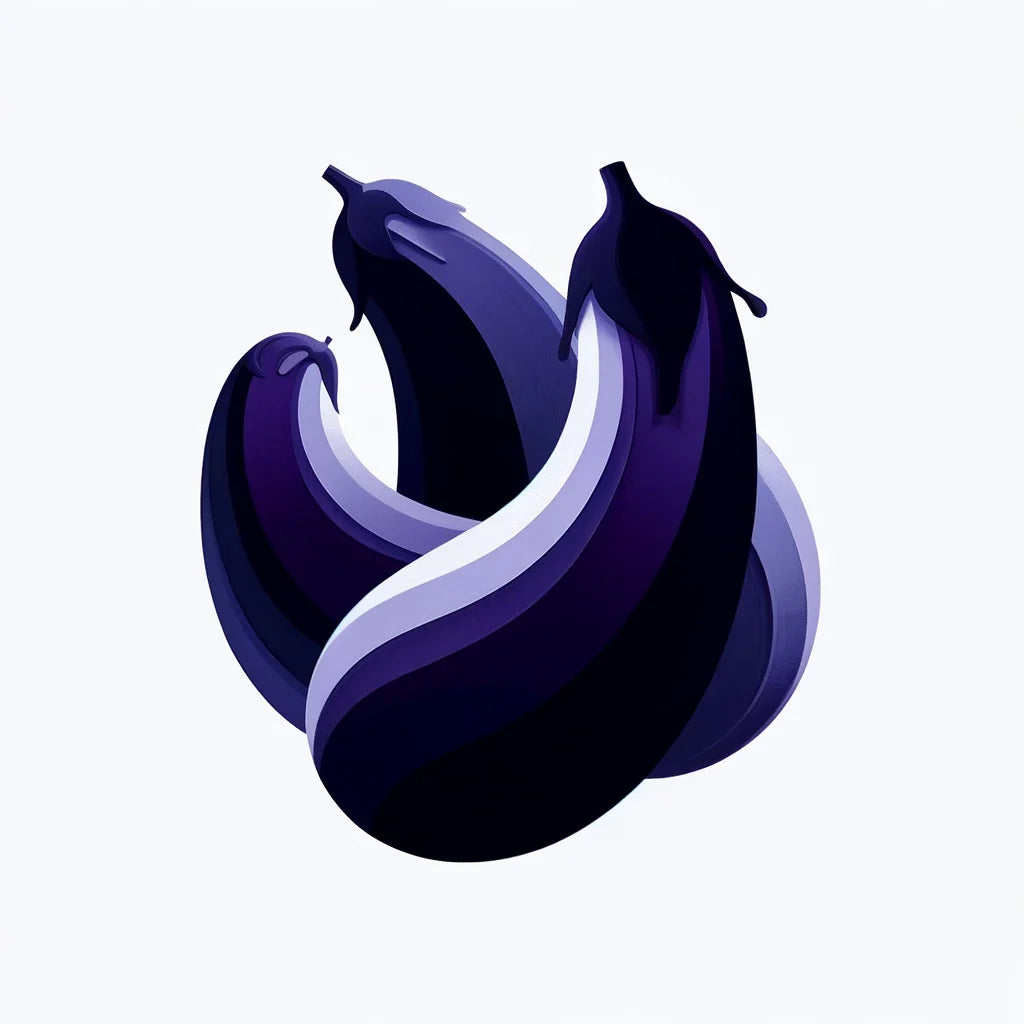 Colourful wall art canvas featuring three stylised eggplants on a white background