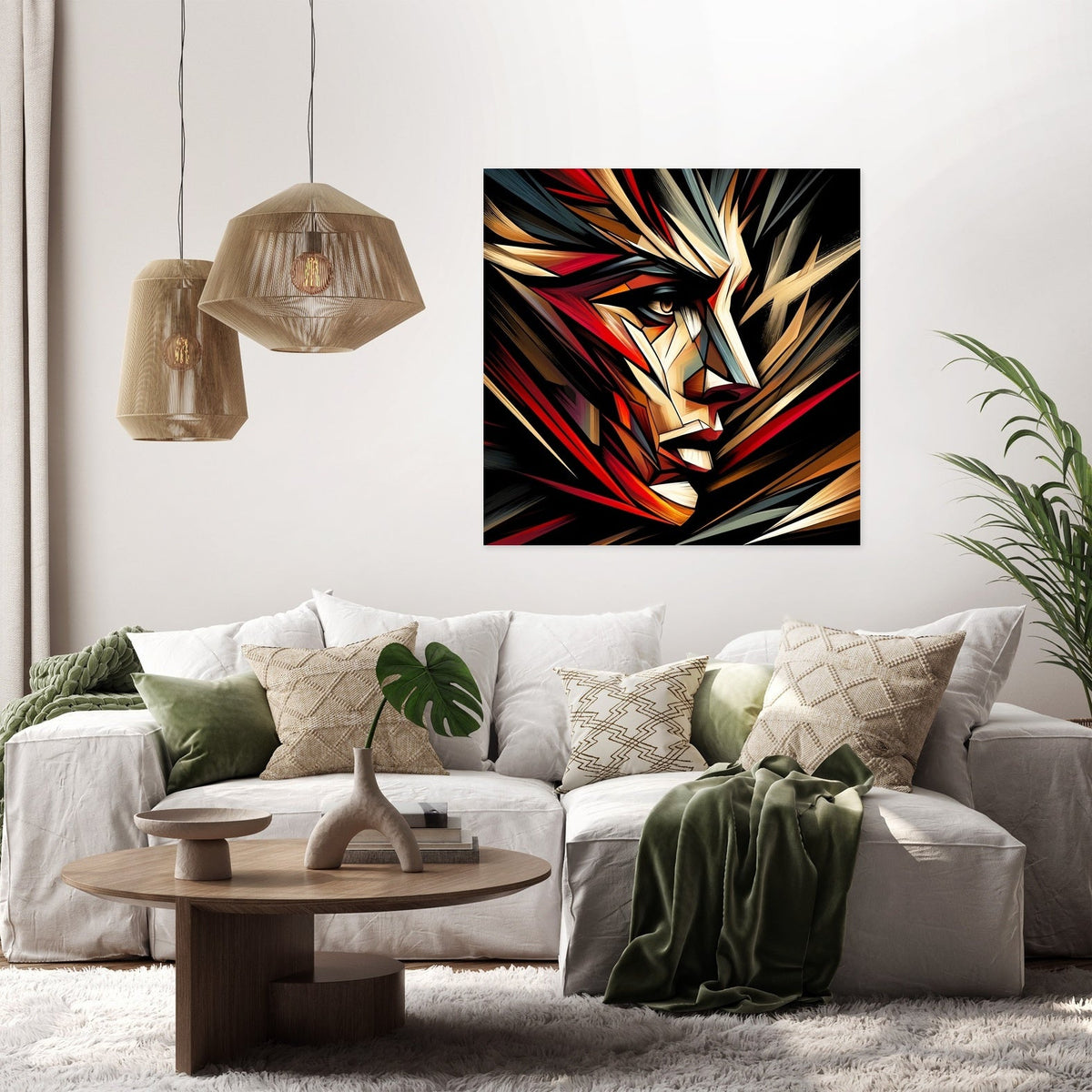 Modern wall art canvas featuring an abstract face design, enhancing the living room decor