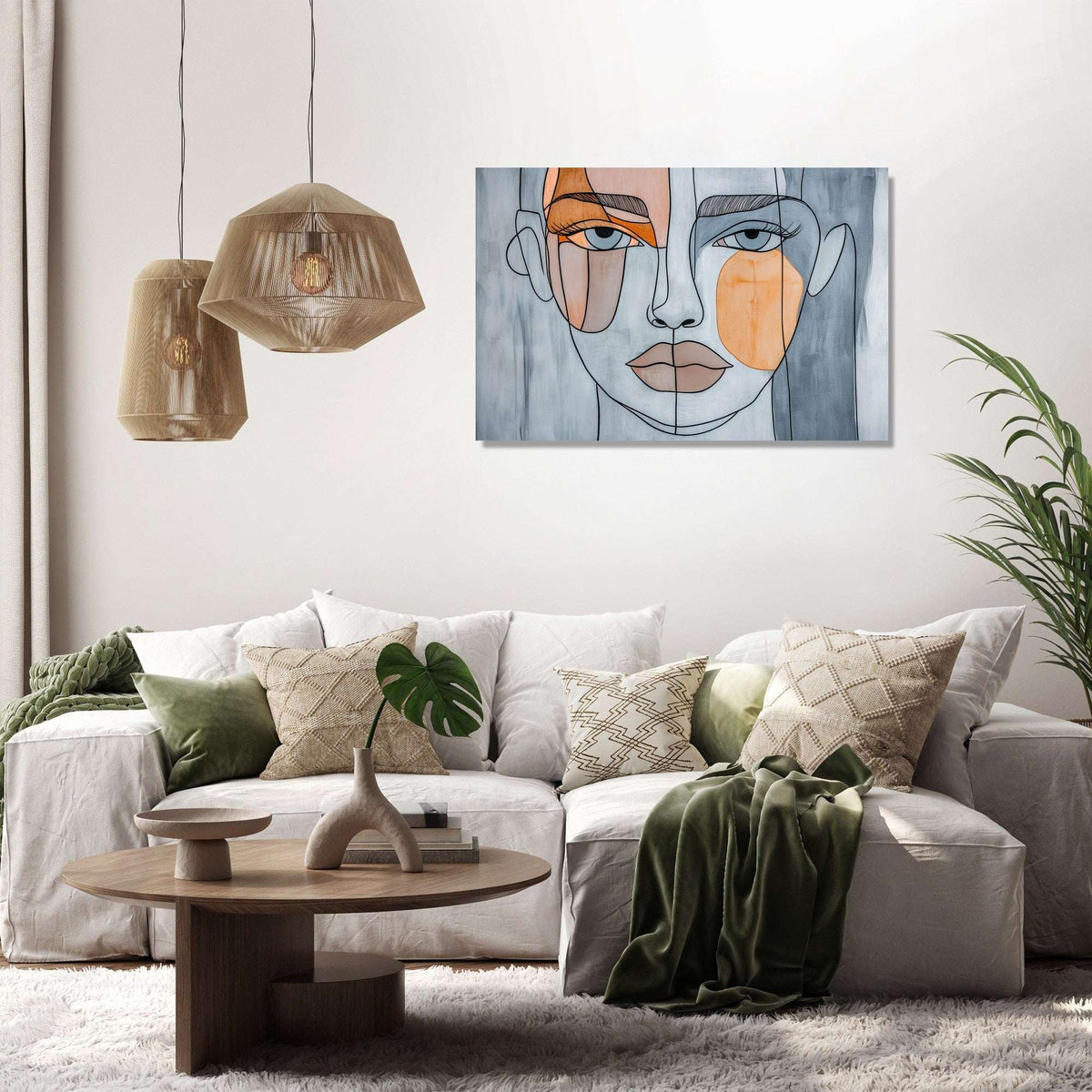 Stylish Wall Art Canvas featuring a modern abstract face design in a chic living room setting