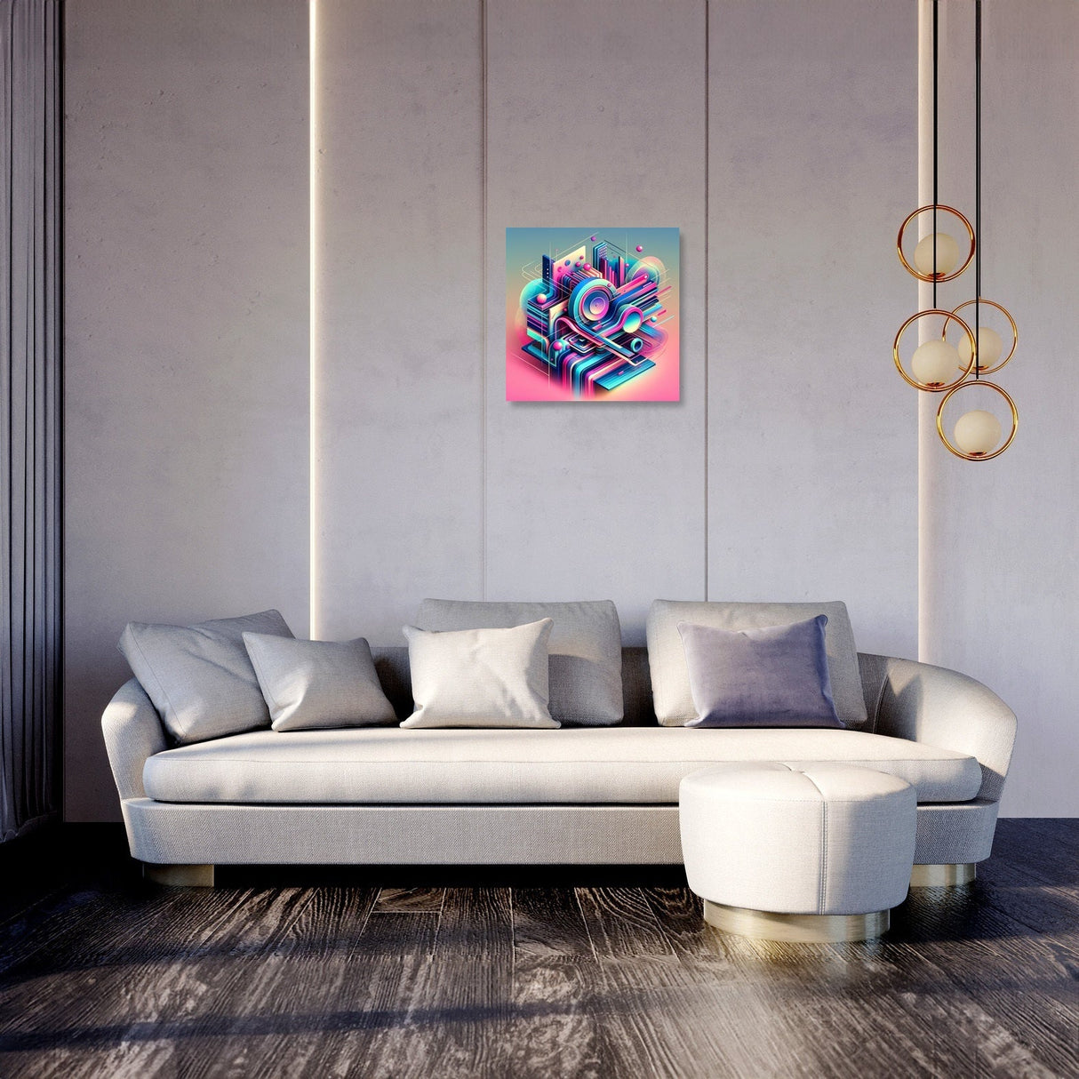 Colourful Wall Art Canvas displaying abstract geometric shapes in a modern living room setting