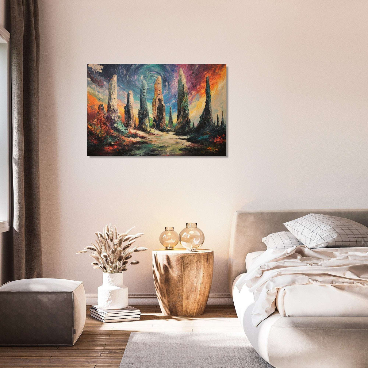 Vibrant Wall Art Canvas featuring an abstract landscape in a stylish bedroom setting