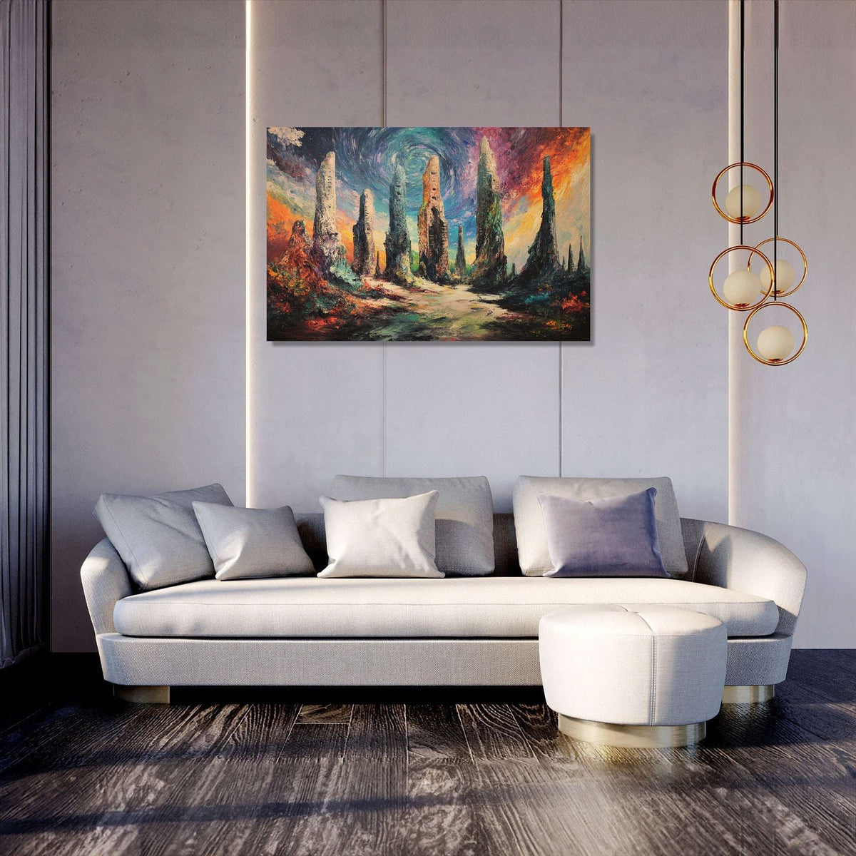 Vibrant abstract wall art canvas featuring colourful landscapes above a modern living room sofa