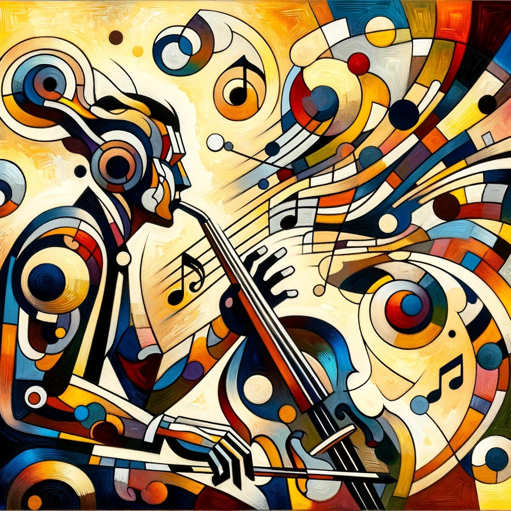 Vibrant wall art canvas depicting a saxophonist surrounded by musical notes and swirling patterns