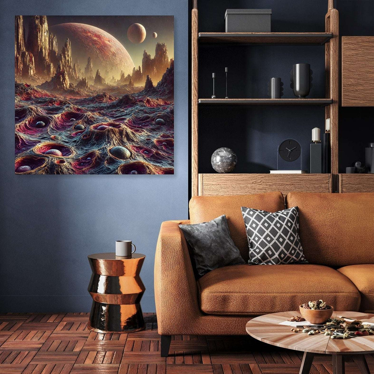Futuristic wall art canvas featuring a cosmic landscape with planets and vibrant waves on a living room wall