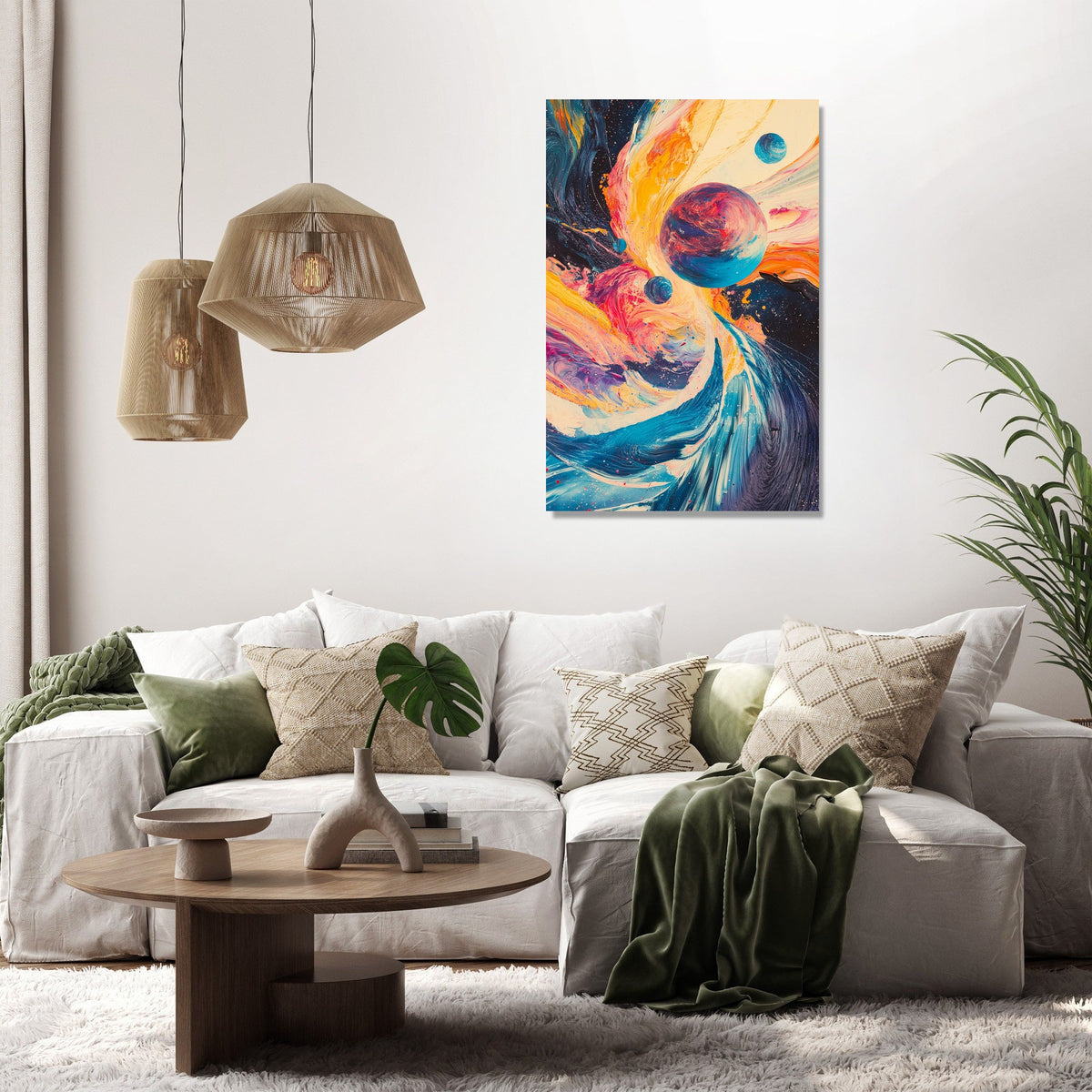Vibrant wall art canvas featuring abstract planets and swirls for modern home decor