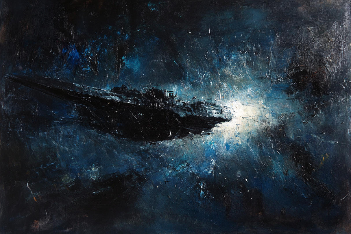 Abstract Wall Art Canvas featuring a dramatic spaceship in a cosmic scene with dark and light contrasts
