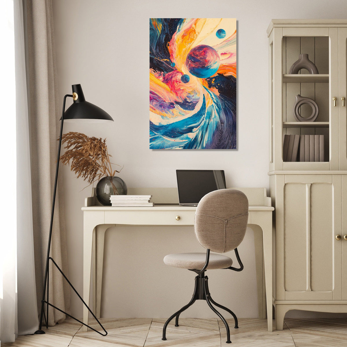 Vibrant Wall Art Canvas featuring abstract planets and swirling colours in a modern home office setting