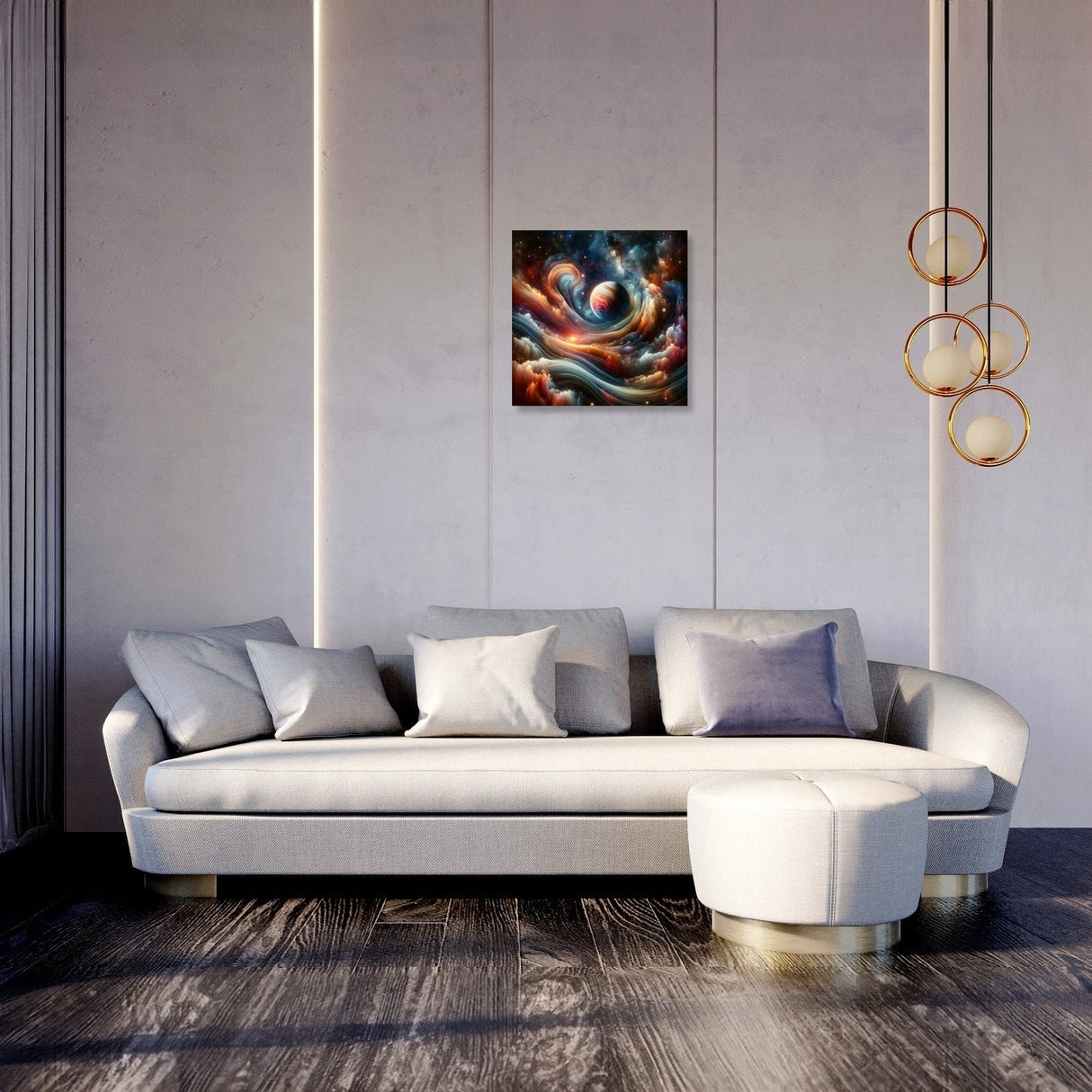 Stylish living room featuring vibrant wall art canvas above a modern sofa and chic decor