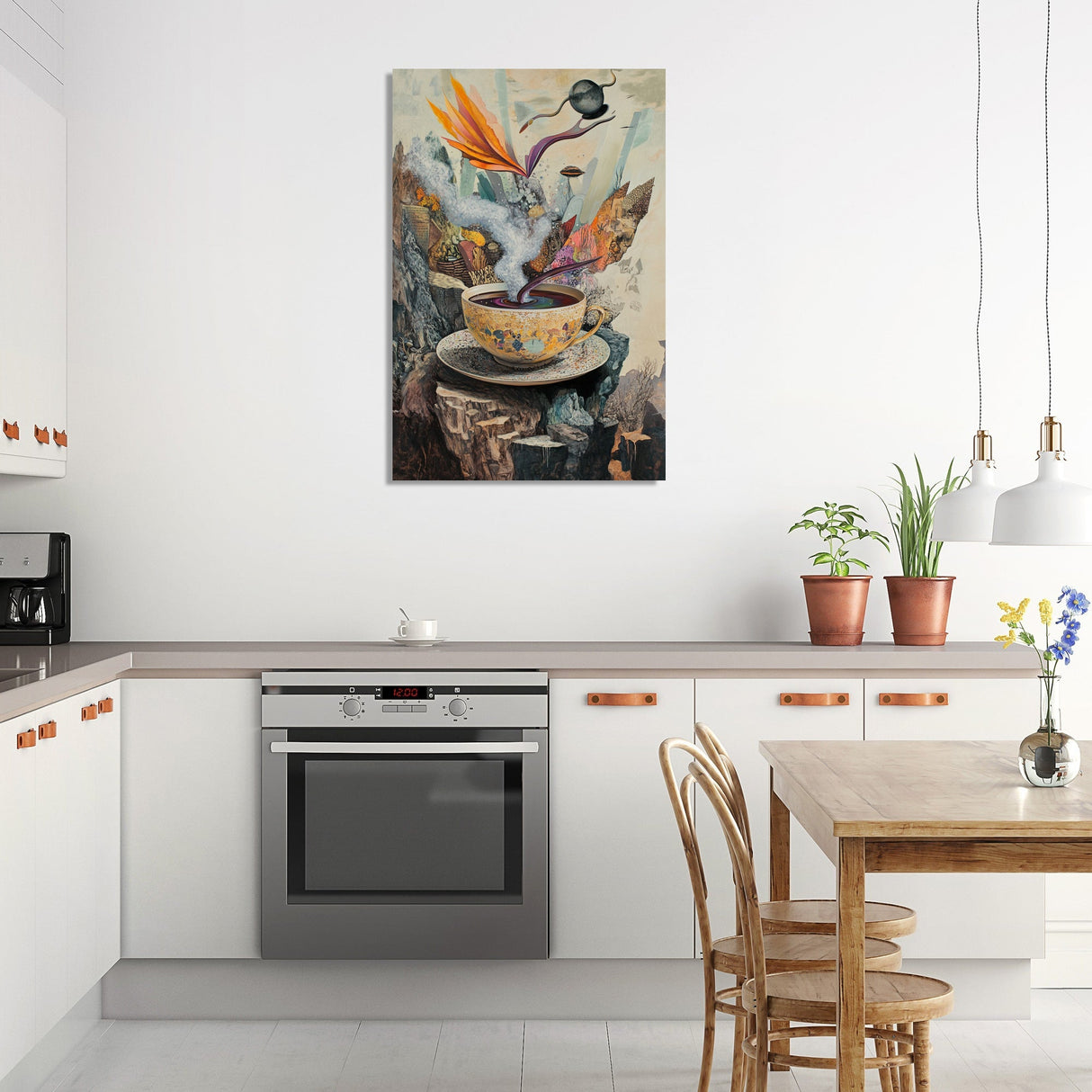 Vibrant Wall Art Canvas featuring a surrealistic design of a tea cup in a modern kitchen setting