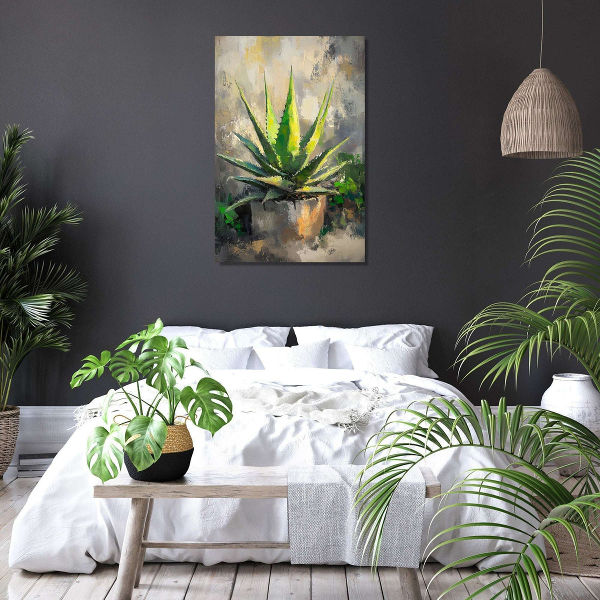 Stylish Wall Art Canvas featuring an aloe vera plant in a modern bedroom setting