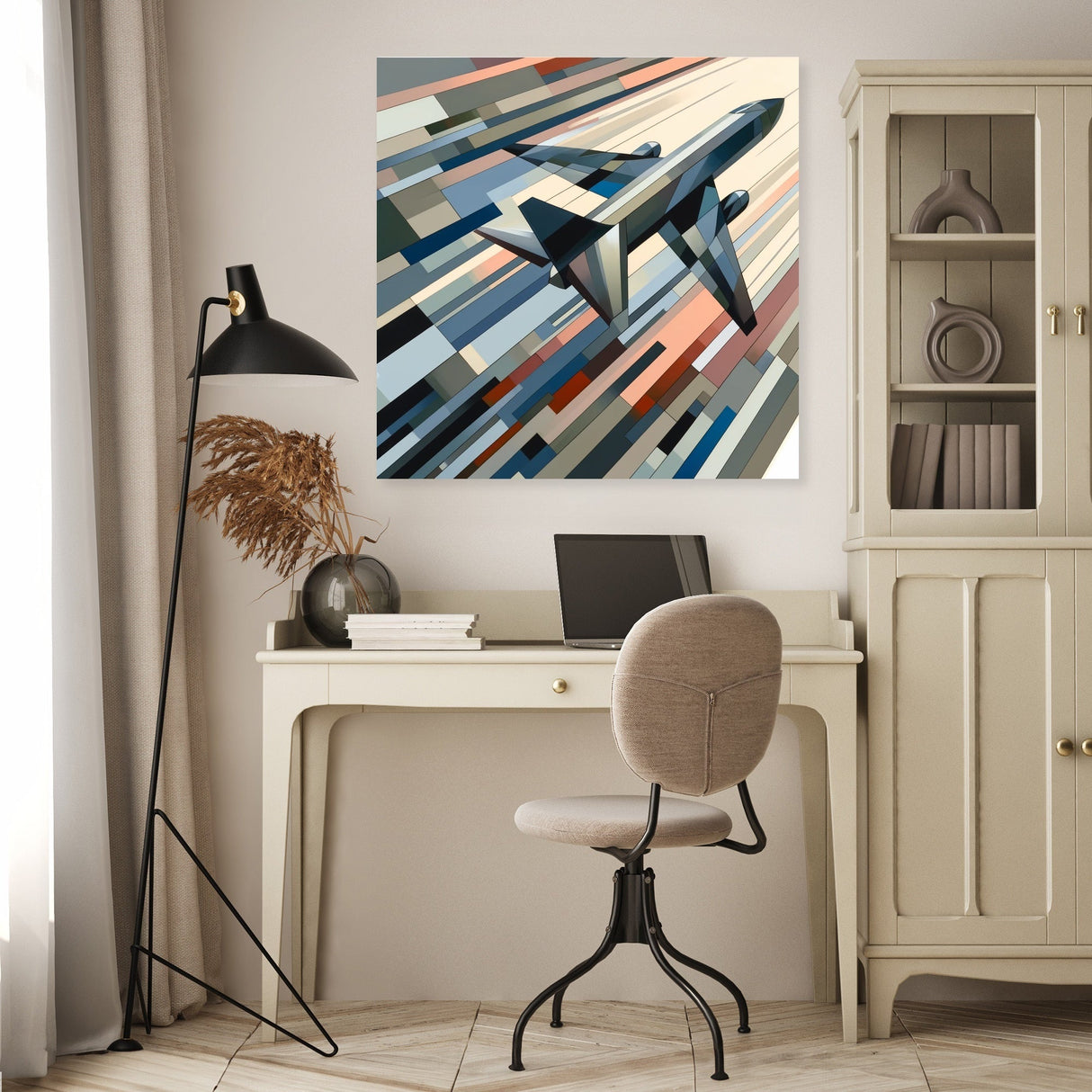 Modern wall art canvas featuring a sleek airplane design in vibrant stripes for stylish home decor