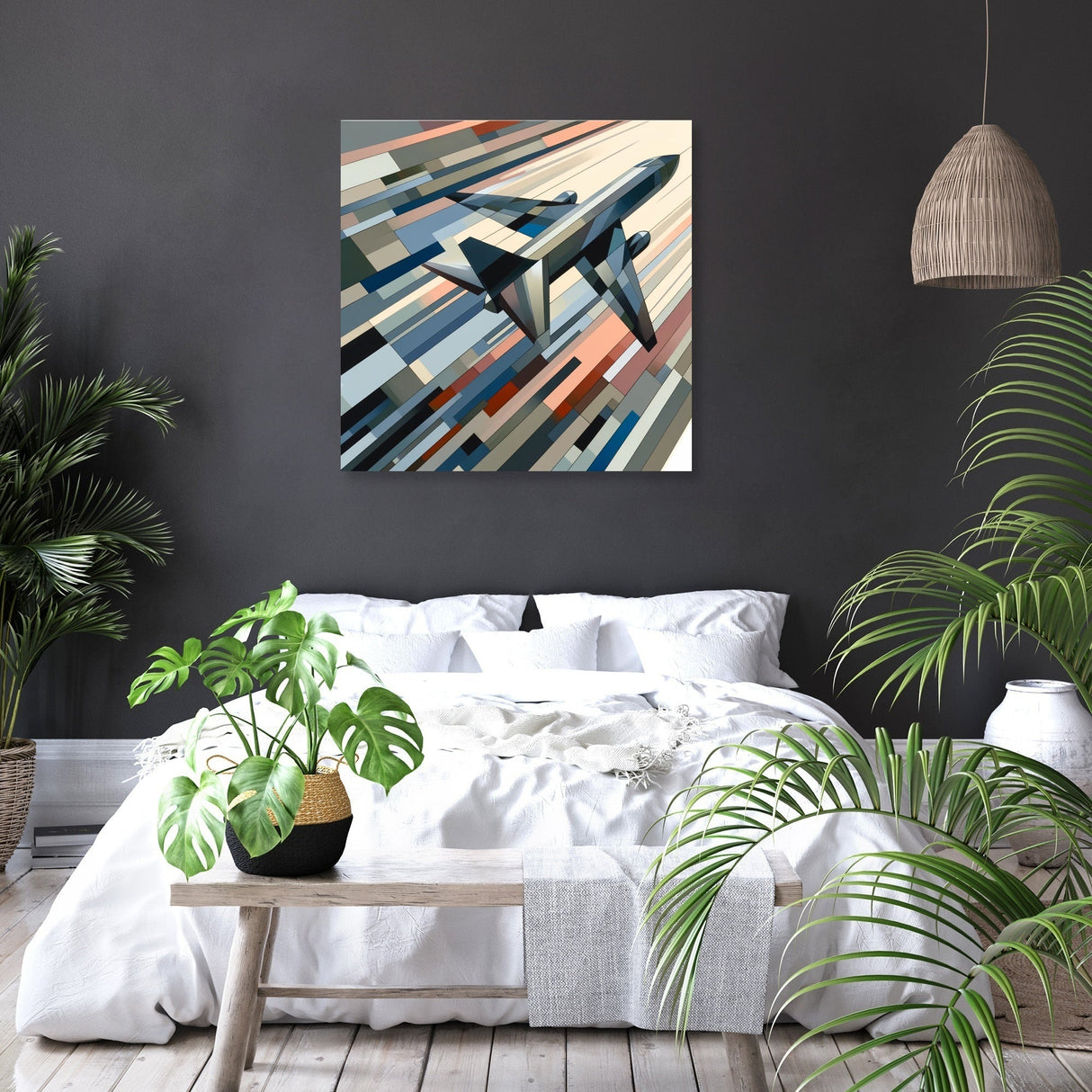 Modern Wall Art Canvas featuring a stylised airplane flying over abstract stripes in a contemporary living space