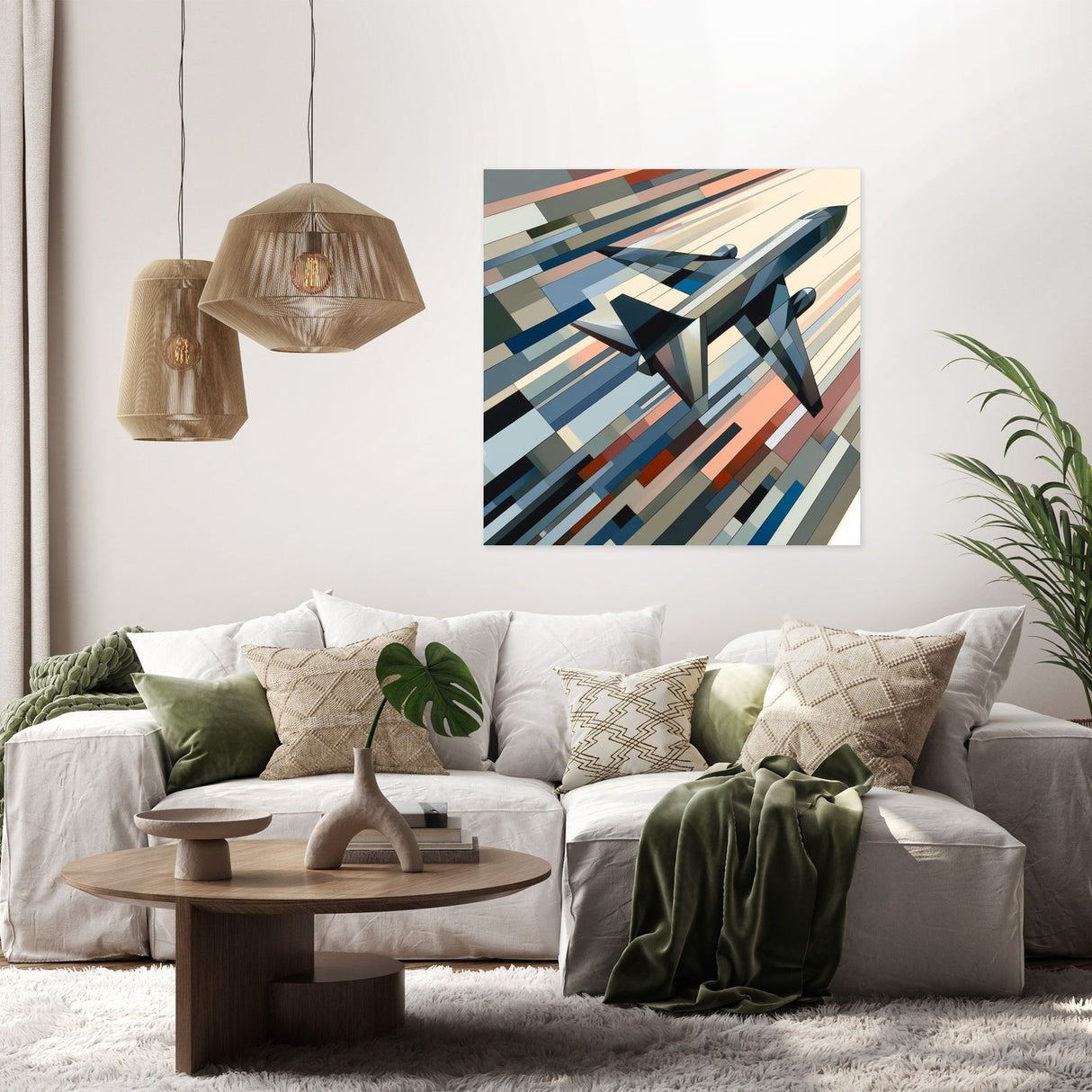 Modern wall art canvas featuring an abstract design with an airplane on a colourful background