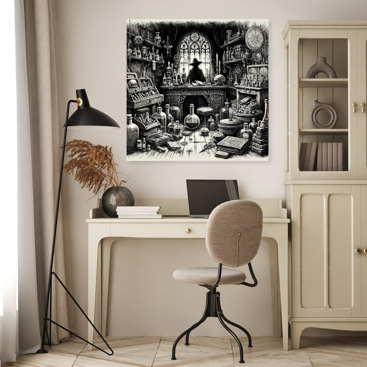 Intricate wall art canvas featuring a mysterious study filled with books and potions