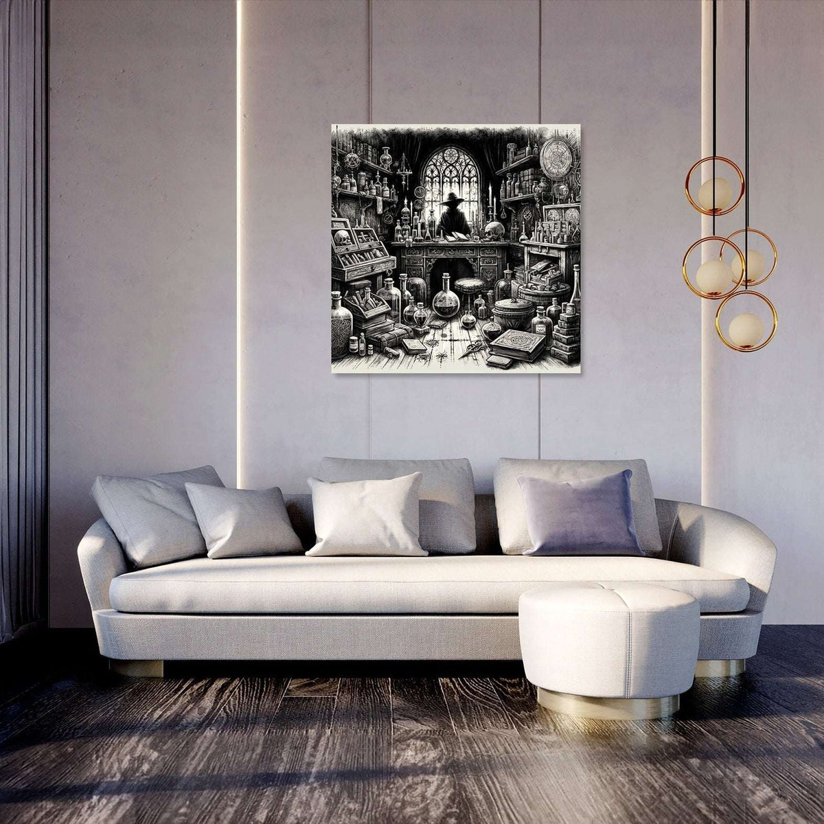 Intricate wall art canvas featuring a vintage interior with books and decor for stylish home design