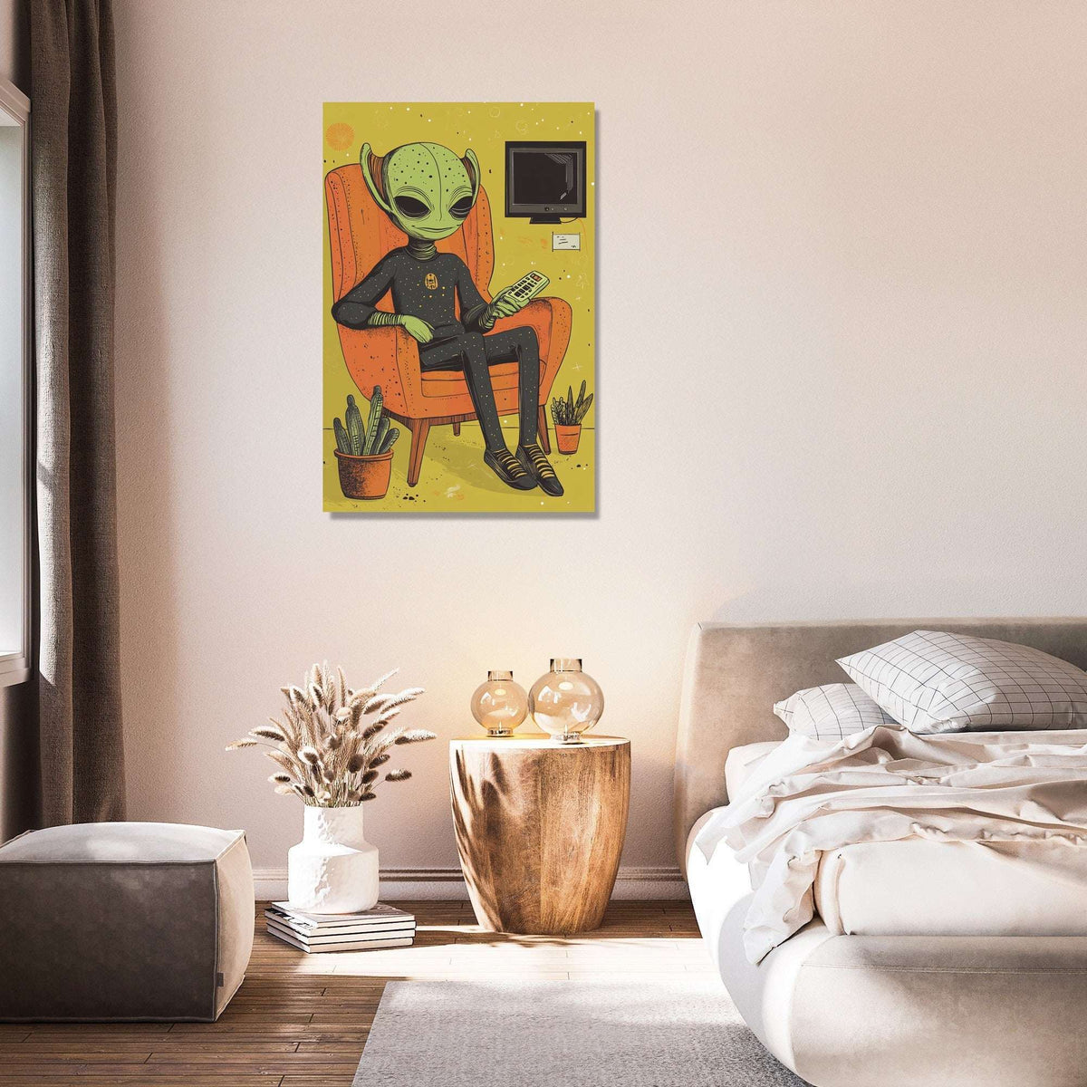 Home Art Haven Wall Art Canvas featuring an alien character relaxing in an armchair surrounded by plants