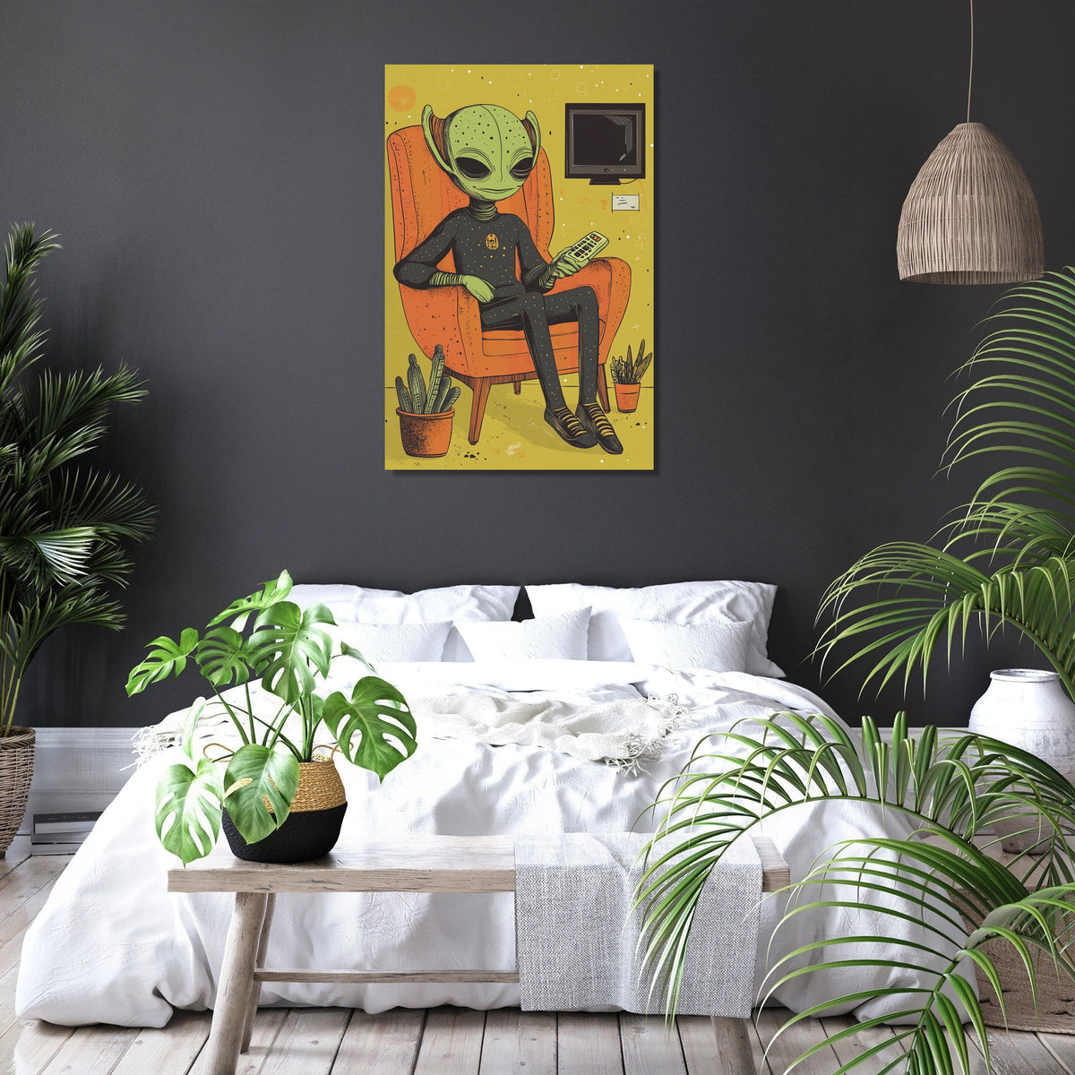 Modern Wall Art Canvas featuring a relaxed alien character in a vibrant living room setting
