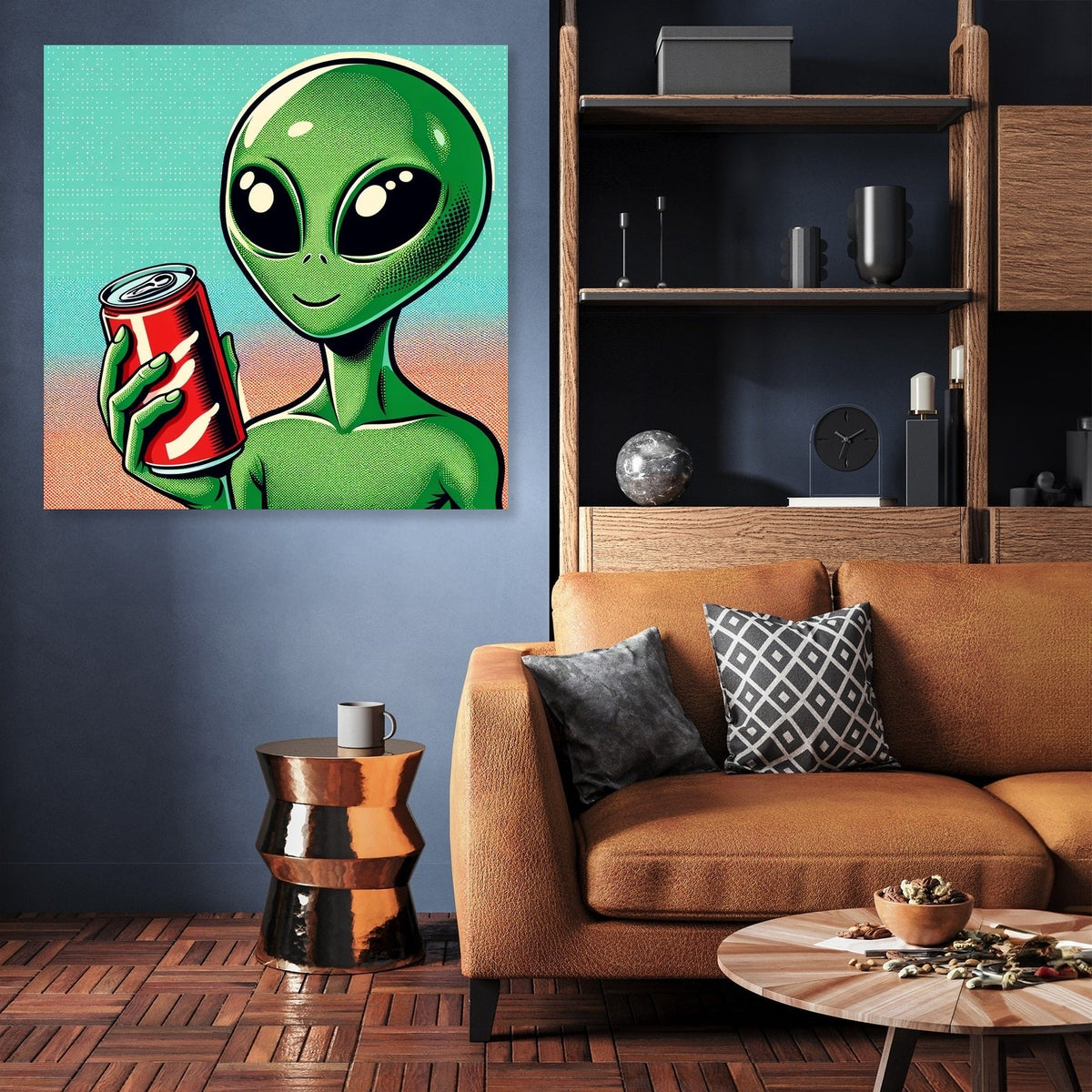 Colourful wall art canvas featuring a cartoon alien holding a soda can in a modern living room setting