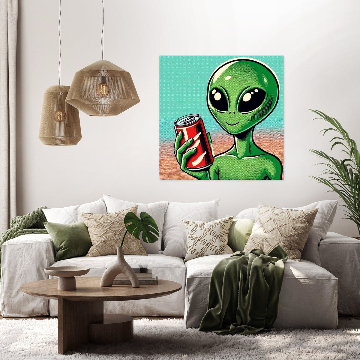 Unique Wall Art Canvas featuring a playful green alien holding a soda can in a stylish living room setting
