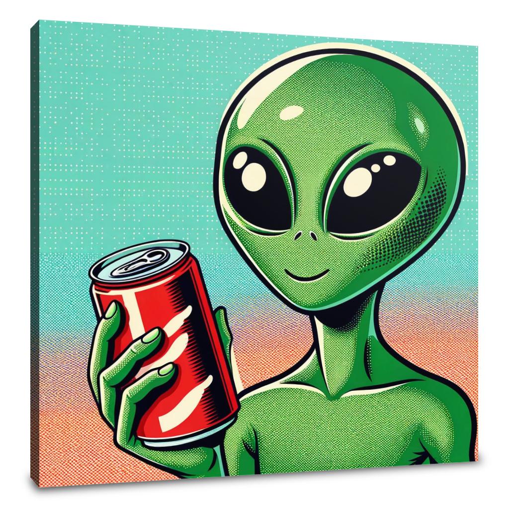 Colourful Wall Art Canvas featuring a friendly alien holding a soda can in retro pop art style