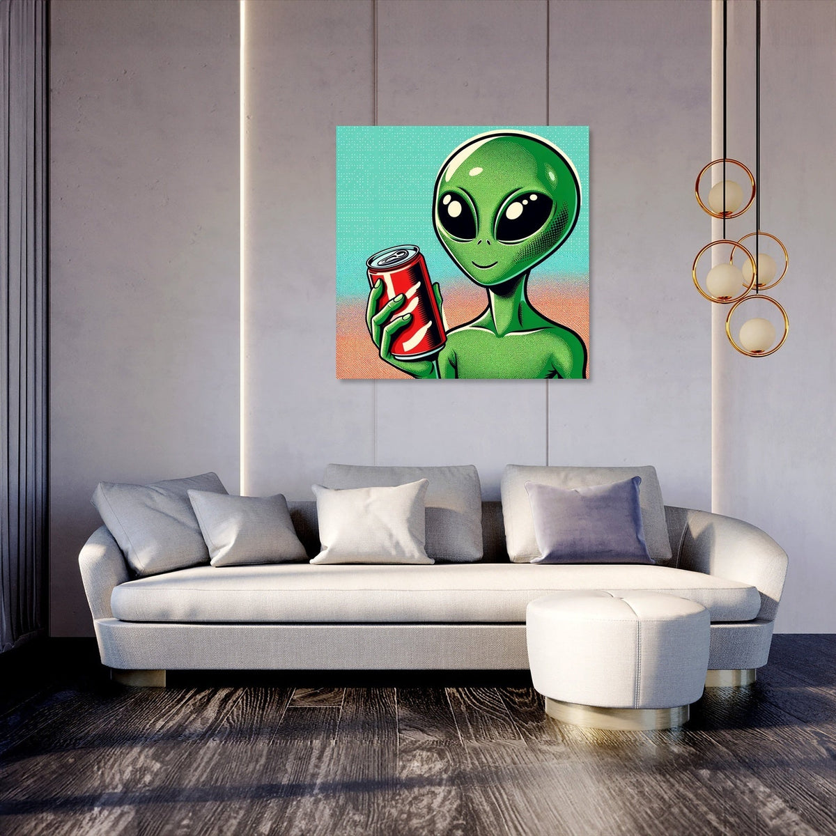 Colourful wall art canvas featuring an alien holding a soda in a modern living room setting