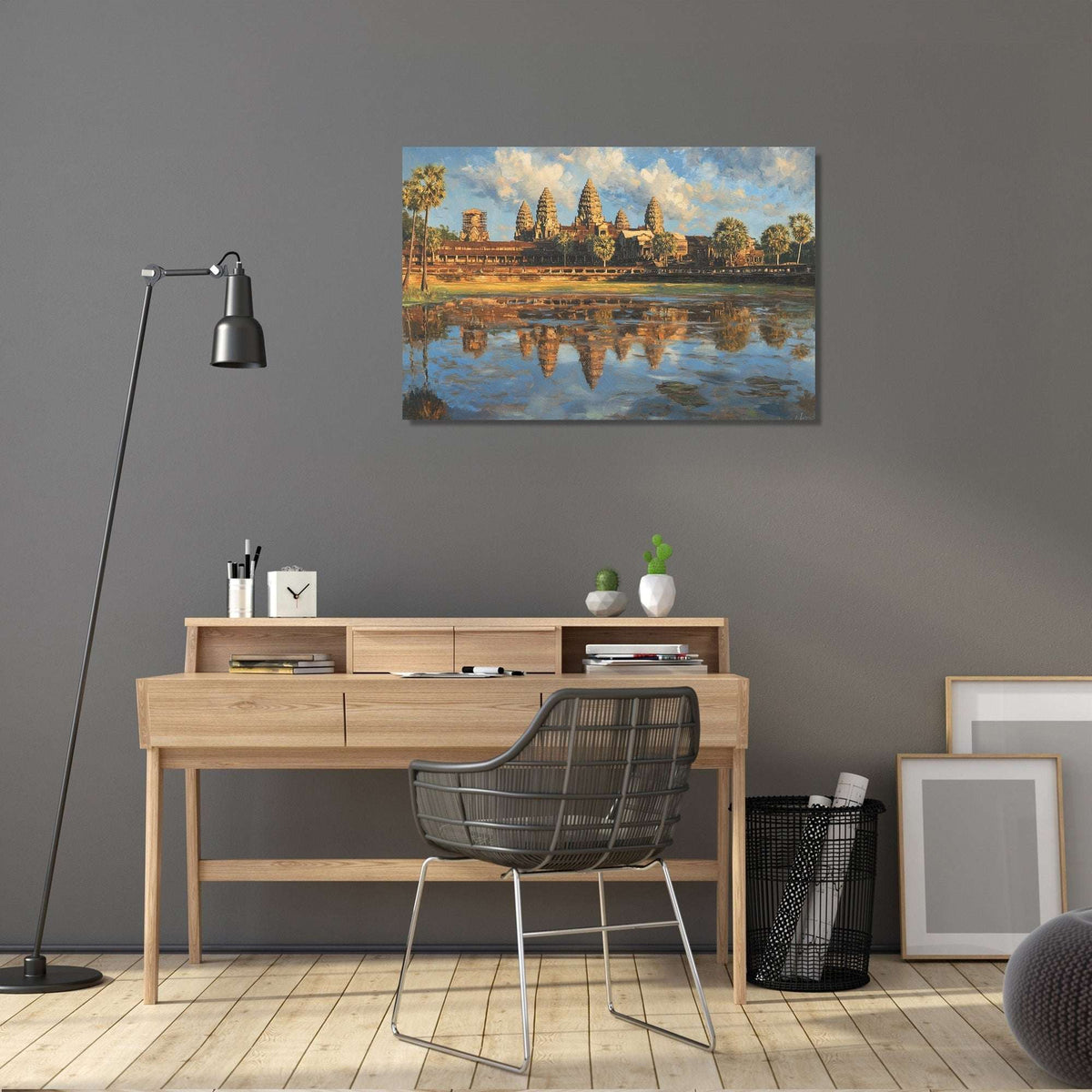 Beautiful Wall Art Canvas depicting serene river landscape with trees and architecture in a modern office setting